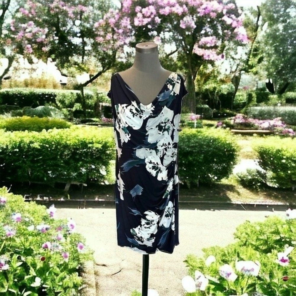 Lauren Ralph Lauren Navy Floral Cowl Neck Sleeveless Sheath Midi Dress Sz 18W VG - Picture 3 of 9